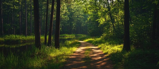 Serene woodland path surrounded by vibrant greenery and sunlight filtering through trees on a peaceful summer day