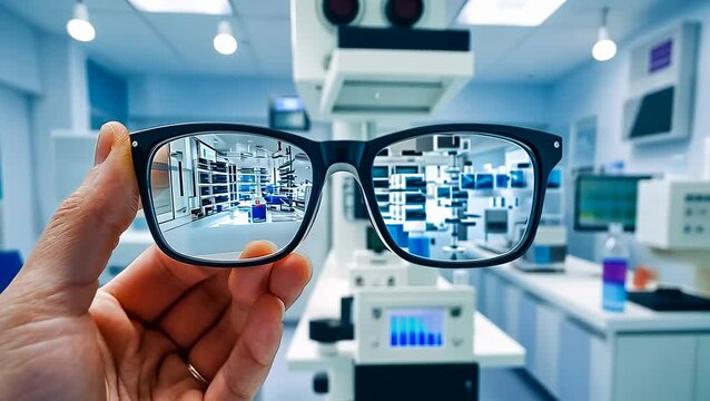 A close-up of a hand holding glasses in an optometry office, with a blurred background revealing rows of frames. The scene conveys precision, clarity, and the importance of eye care.