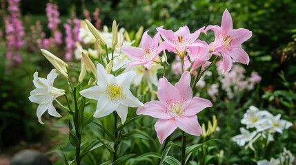 Obraz premium Delicate pink and white lilies blooming in a vibrant summer garden showcasing nature's beauty and tranquility.