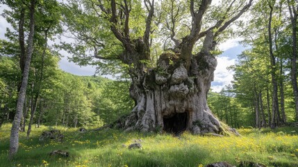 Majestic ancient tree surrounded by lush greenery and vibrant wildflowers in a serene forest setting showcasing nature's beauty.