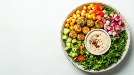 Chickpea falafel bowl with fresh vegetables and tahini sauce on a light background healthy vegan meal top view with copy space