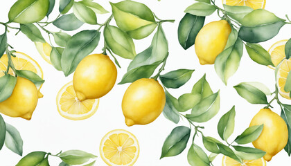 Watercolor pattern of yellow lemons with green leaves and slices on a light background