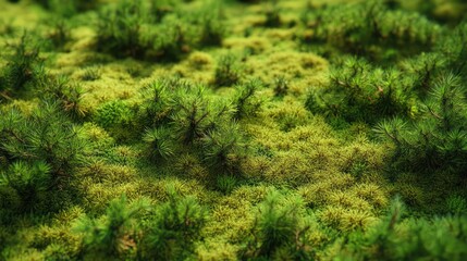 Lush moss-covered forest floor with vibrant greenery and small plants in a serene summer woodland setting.