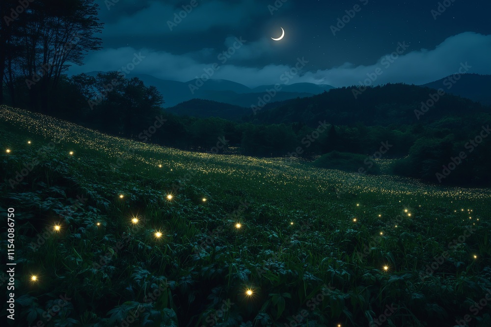 Aufkleber a field of glowing fireflies under a starlit sky with a crescent moon