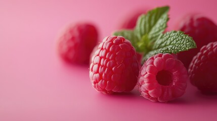 Fresh ripe raspberries with vibrant green mint leaves on a soft pink background showcasing healthy...