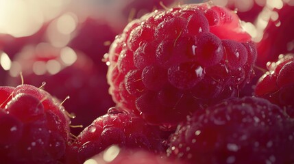 Freshly harvested raspberries glistening in sunlight showcasing vibrant color and texture from home...