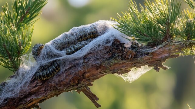 Pine processionary caterpillar nest on conifer branch showcasing silk and larvae in natural habitat