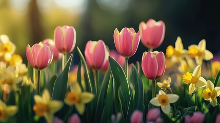 Vibrant spring flowerbed featuring pink tulips and yellow daffodils with soft sunlight creating a picturesque garden scene.