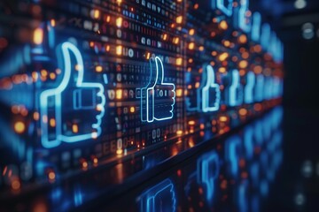 Glowing Thumbs Up Icons on Technology Background Social Media Approval and Engagement
