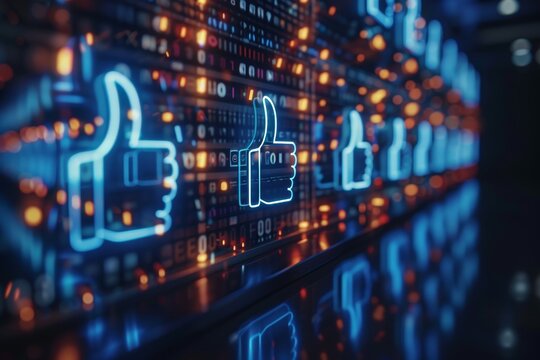 Glowing Thumbs Up Icons on Technology Background Social Media Approval and Engagement