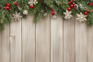Festive Christmas Decoration on Wooden Background with Rustic Ornaments and Warm Holiday Spirit
