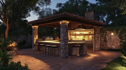 Outdoor stone bar with grill, lighting, and seating at dusk.
