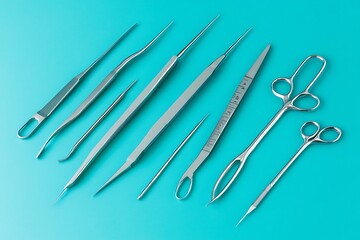 A collection of sterile surgical instruments on a teal background.