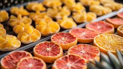 Assorted dried pineapple and citrus fruit slices arranged on drying trays for natural preservation and healthy snacking options