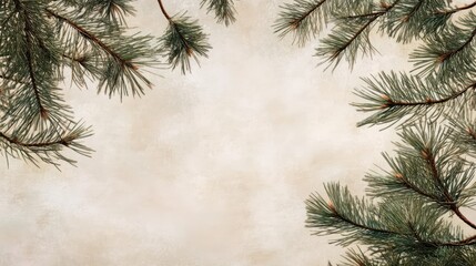 Obraz premium Pine tree branches framing a textured neutral background creating a calm and natural atmosphere for design and decoration purposes