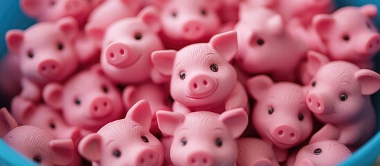 Obraz premium Cute pink rubber pig dolls piled in a blue bucket showcasing adorable faces perfect for children's toys and playful decor.