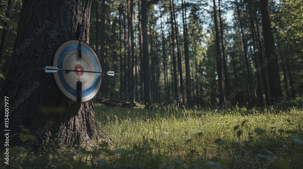 Poster an adventurous archery session in a forest clearing, bows and arrows set up for precision shooting, 