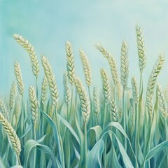 Wheat field painting, pale green stalks and pale yellow wheat heads against a light blue sky.