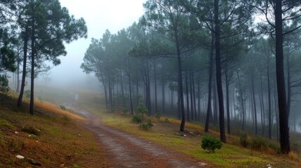 Mysterious pine forest pathway shrouded in mist creating a serene and tranquil atmosphere for nature lovers and outdoor enthusiasts.