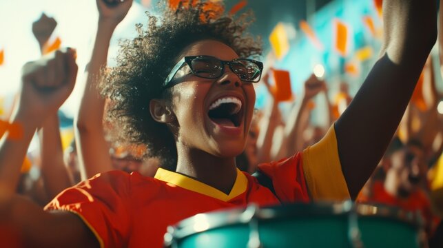 Excited fan cheering with passion in a vibrant crowd at a sports event, showing team spirit and joy. Join the celebration!