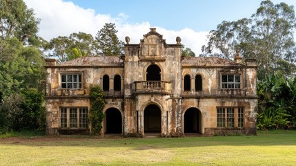 Fototapeta premium Abandoned Vintage Heritage Building Surrounded by Lush Greenery Under Clear Blue Sky