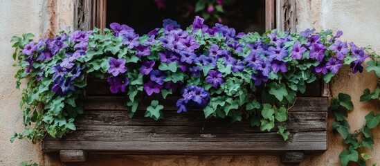 Fototapeta premium Cascading purple ivy flowers on a rustic wooden balcony enhancing a charming garden ambiance with vibrant colors and natural beauty
