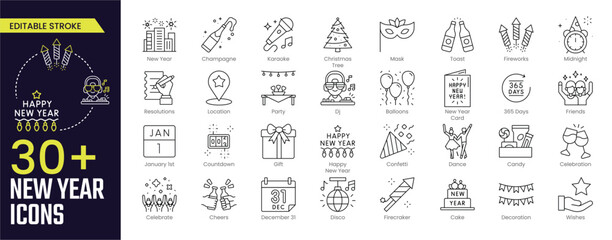 New Year Stroke icon collections. Containing Merry Christmas and Happy New Year, Winter, celebration, party, birthday, event, santa, tree, snow icons. Editable Stroke icon collection Outline icon