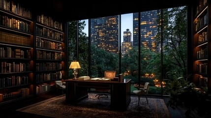Luxurious library office with city view at night.
