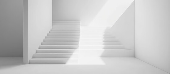 Fototapeta premium Minimalist white room with unrefined concrete stairs highlighting clean lines and natural light features for modern architectural design.