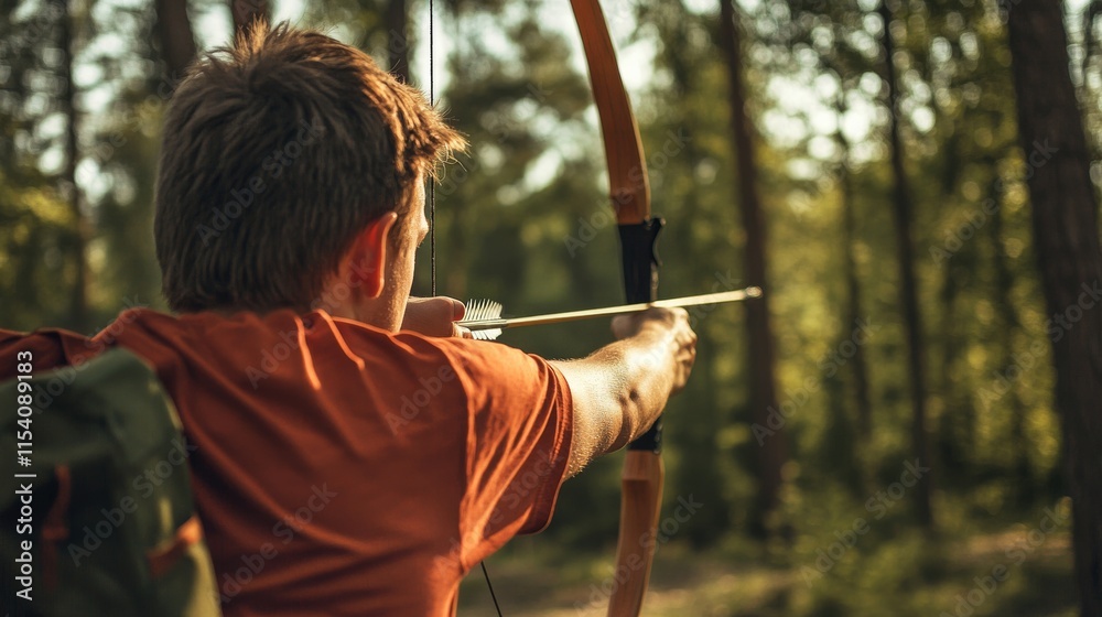 Poster an adventurous archery session in a forest clearing, bows and arrows set up for precision shooting, 