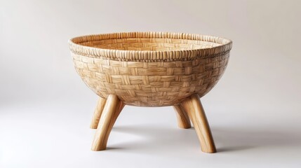Rattan basket featuring three wooden legs and a sturdy plywood base on a neutral background for home decor and storage solutions