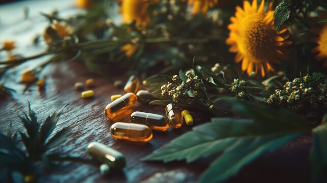 Natural supplements and herbal remedies with vibrant flowers and assorted capsules on a rustic wooden surface promoting wellness and health.