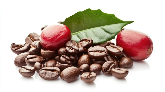 Freshly harvested coffee cherries with raw and roasted coffee beans accompanied by a green coffee leaf on a white background.