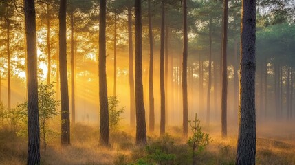 Sunlight filtering through misty pine tree trunks in a serene forest landscape at dawn