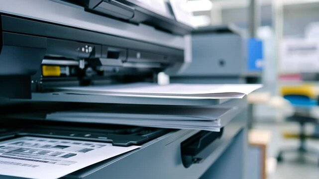 Copier printer in action showing paper tray filled with sheets in a busy office environment, Copier printer in action, closeup of paper tray, printing process