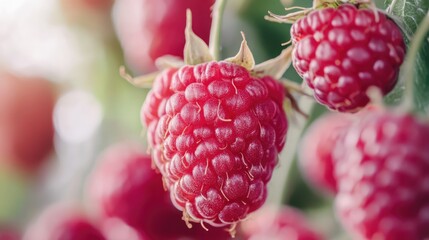 Freshly picked raspberries with droplets of water closeup against a lush green background...