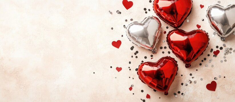 Heart shaped glossy balloons with silver confetti on a beige background perfect for romantic celebrations and invitations to special events
