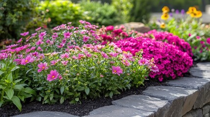Fototapeta premium Colorful pink aster flowers blooming in a well-maintained flowerbed with vibrant landscaping and greenery in the background