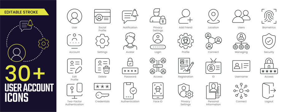 User Account Stroke icon collections. Containing profile, password, login, username, avatar, connect, add friend and more icons. Editable Stroke icon collection Outline icon