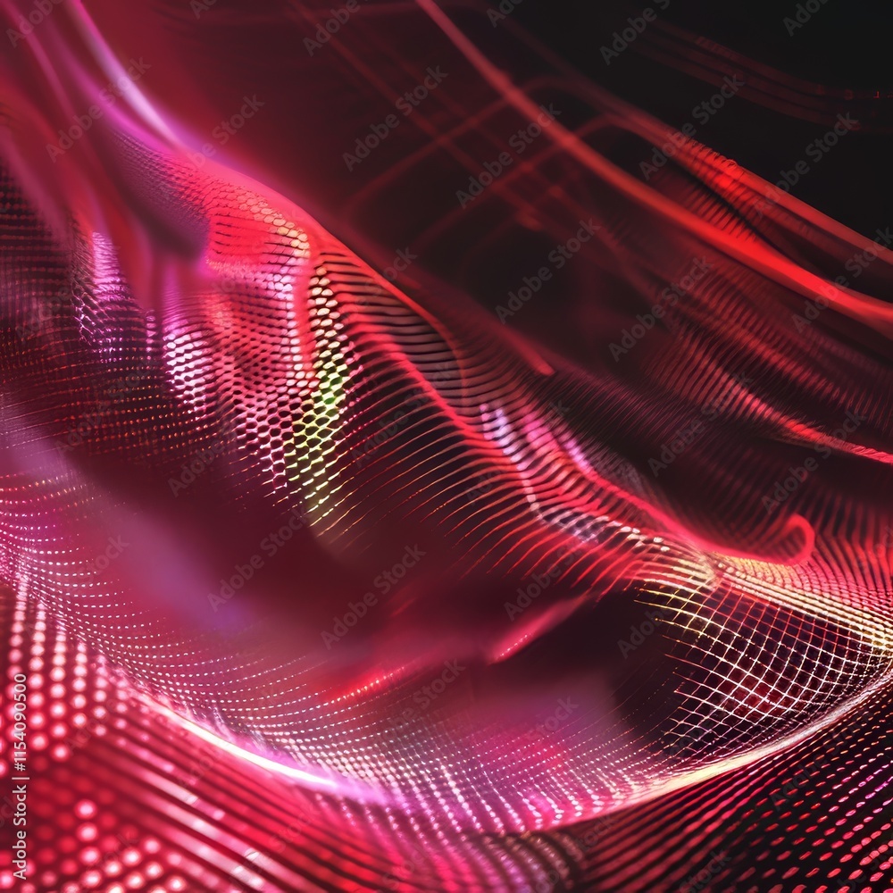 Poster abstract composition featuring dynamic red and purple waves with intricate patterns showcasing a ble
