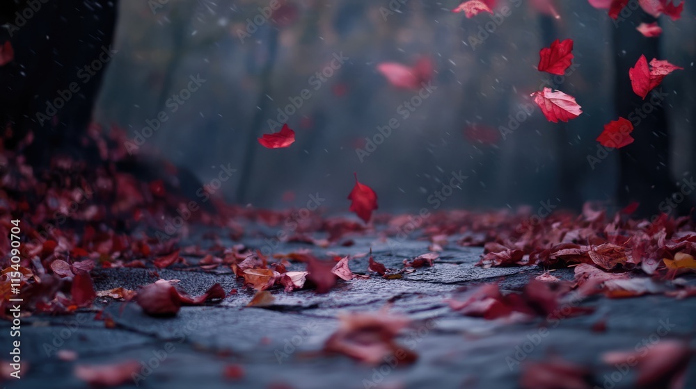 Poster autumn leaves falling on a misty forest path creating a tranquil and picturesque scene in nature dur