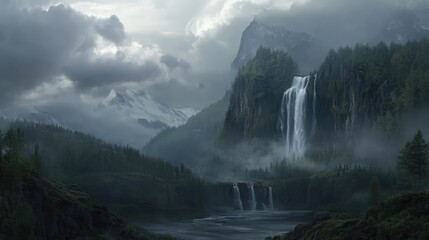 Lush green landscape with dramatic waterfalls under a cloudy sky creating a serene river scene in a misty natural environment