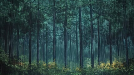 Obraz premium Pine tree forest drenched in rain during a serene fall day with lush greenery and atmospheric mist creating a tranquil landscape scene