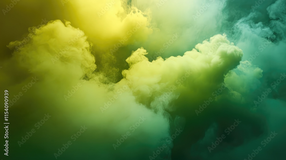 Poster Ethereal clouds of yellow and green smoke creating a dramatic atmospheric effect in an overcast sky backdrop.