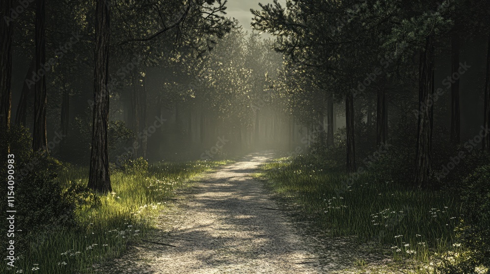 Poster serene forest path illuminated by soft sunlight creating a tranquil outdoor atmosphere perfect for n