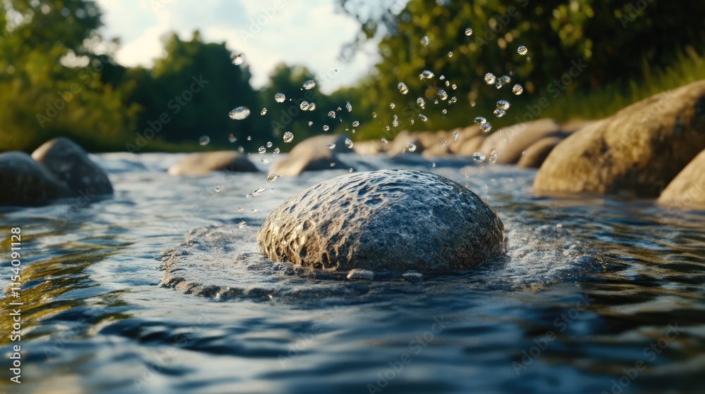 Poster flowing water around a smooth pebble in a serene outdoor landscape with lush greenery and splashing 