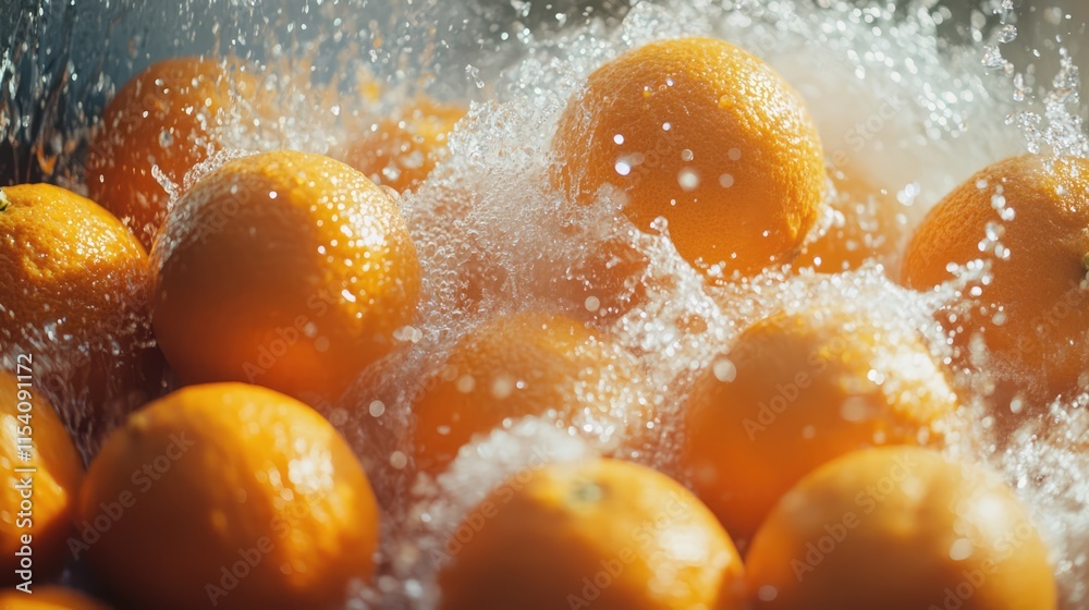 Poster freshly squeezed oranges being washed with water droplets against a blurred background highlighting 