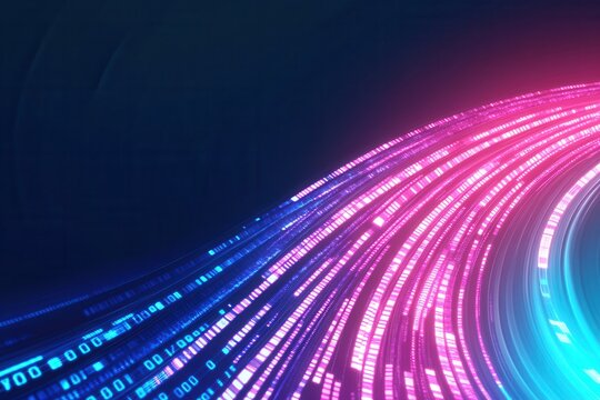 Colorful Digital Data Stream with Binary Code and Light Trails Effect