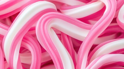 Colorful pink and white jelly licorice candy in a vibrant abstract arrangement perfect for sweet treat and confectionery themes