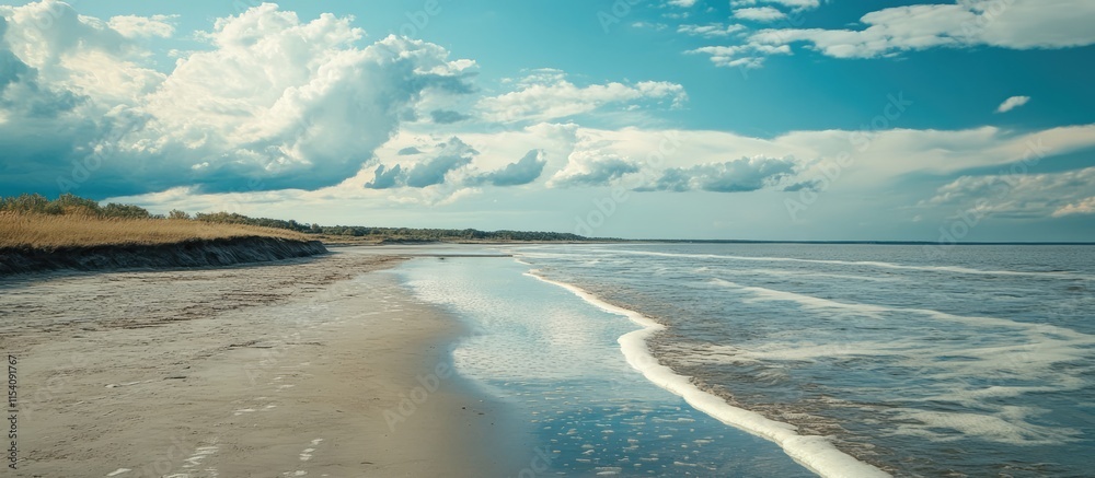 Poster serene beach landscape with river flowing into the sea under a clear blue sky and soft clouds reflec